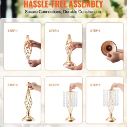 VEVOR 20PCS 43cm/16.9” Tall Crystal Wedding Flower Stand, Metal Wedding Centerpiece Vase, Gold Flower Holders Floral Display Rack for Tables Wedding Dinner Party, Ceremony Birthday Event Decor