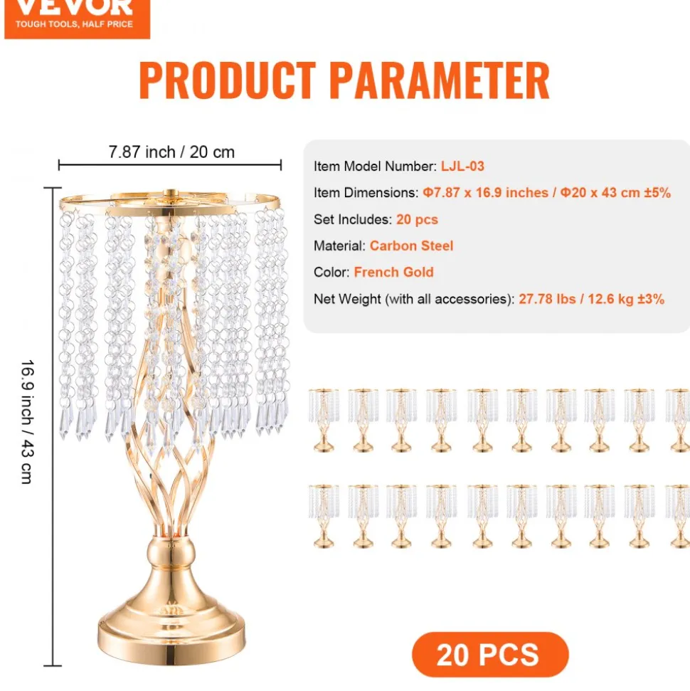 VEVOR 20PCS 43cm/16.9” Tall Crystal Wedding Flower Stand, Metal Wedding Centerpiece Vase, Gold Flower Holders Floral Display Rack for Tables Wedding Dinner Party, Ceremony Birthday Event Decor
