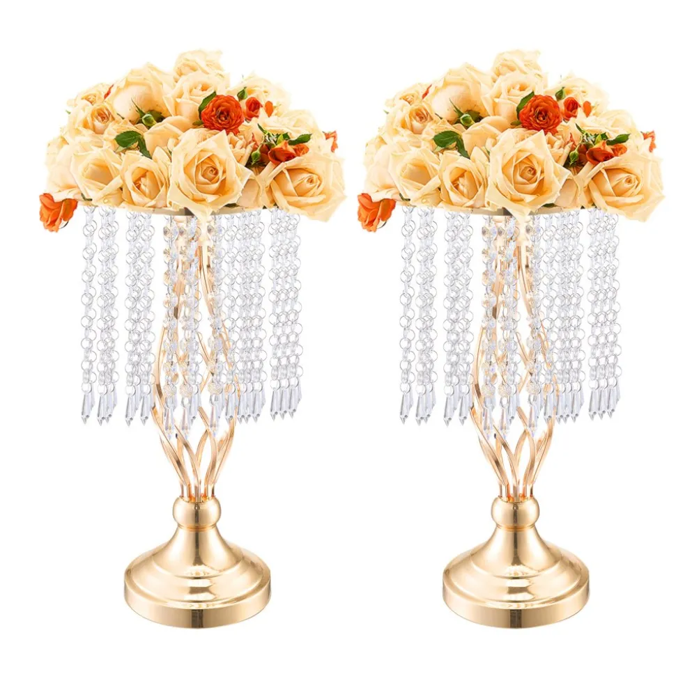 VEVOR 20PCS 43cm/16.9” Tall Crystal Wedding Flower Stand, Metal Wedding Centerpiece Vase, Gold Flower Holders Floral Display Rack for Tables Wedding Dinner Party, Ceremony Birthday Event Decor