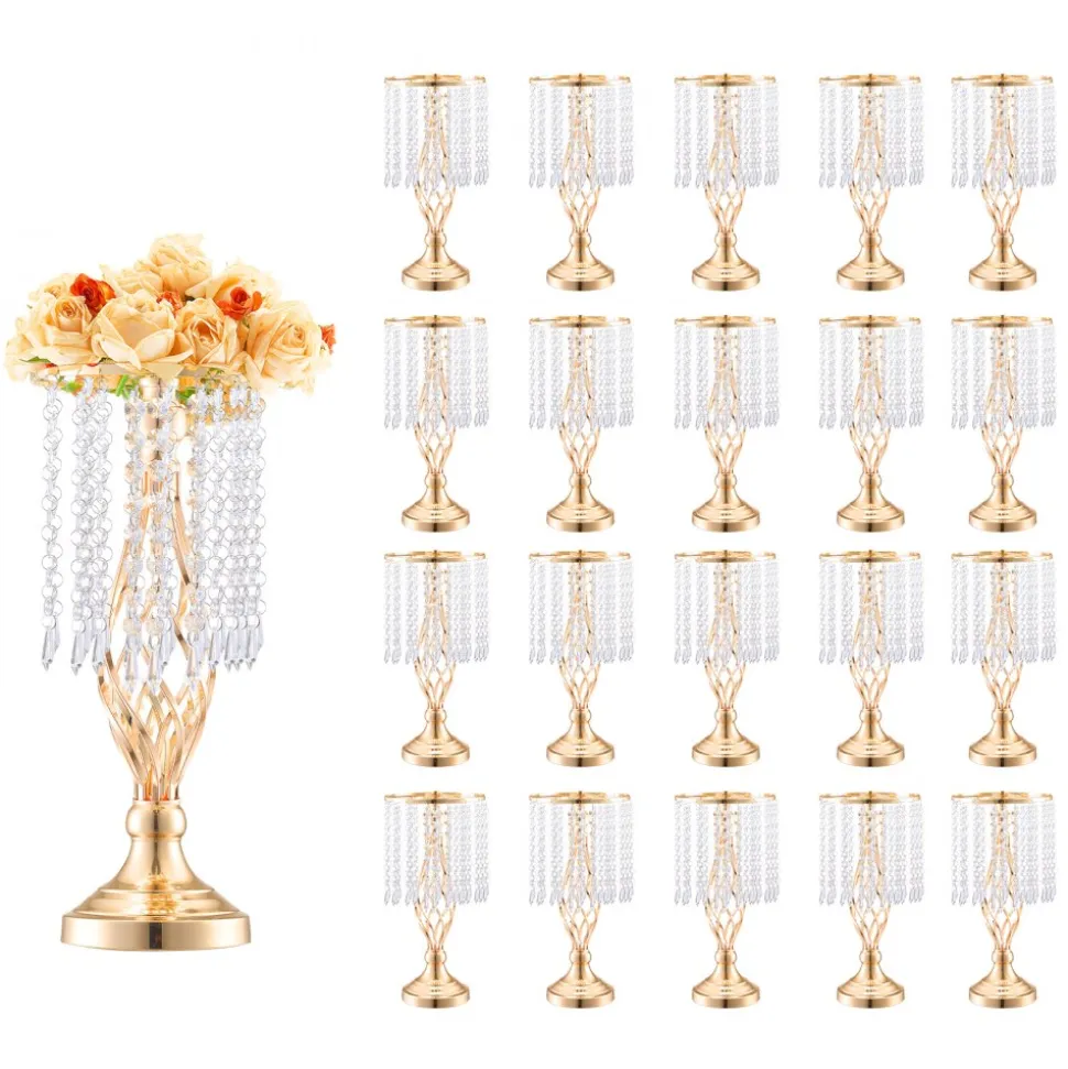 VEVOR 20PCS 43cm/16.9” Tall Crystal Wedding Flower Stand, Metal Wedding Centerpiece Vase, Gold Flower Holders Floral Display Rack for Tables Wedding Dinner Party, Ceremony Birthday Event Decor