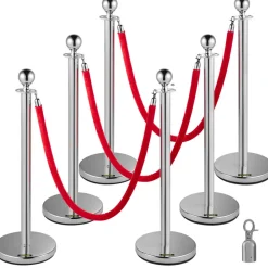 VEVOR 6 PCS Crowd Control Stanchion, Silver Stanchions Posts Stainless Steel Stanchion Queue Post Red Rope Retractable 38In for Both Indoor and Outdoor use.