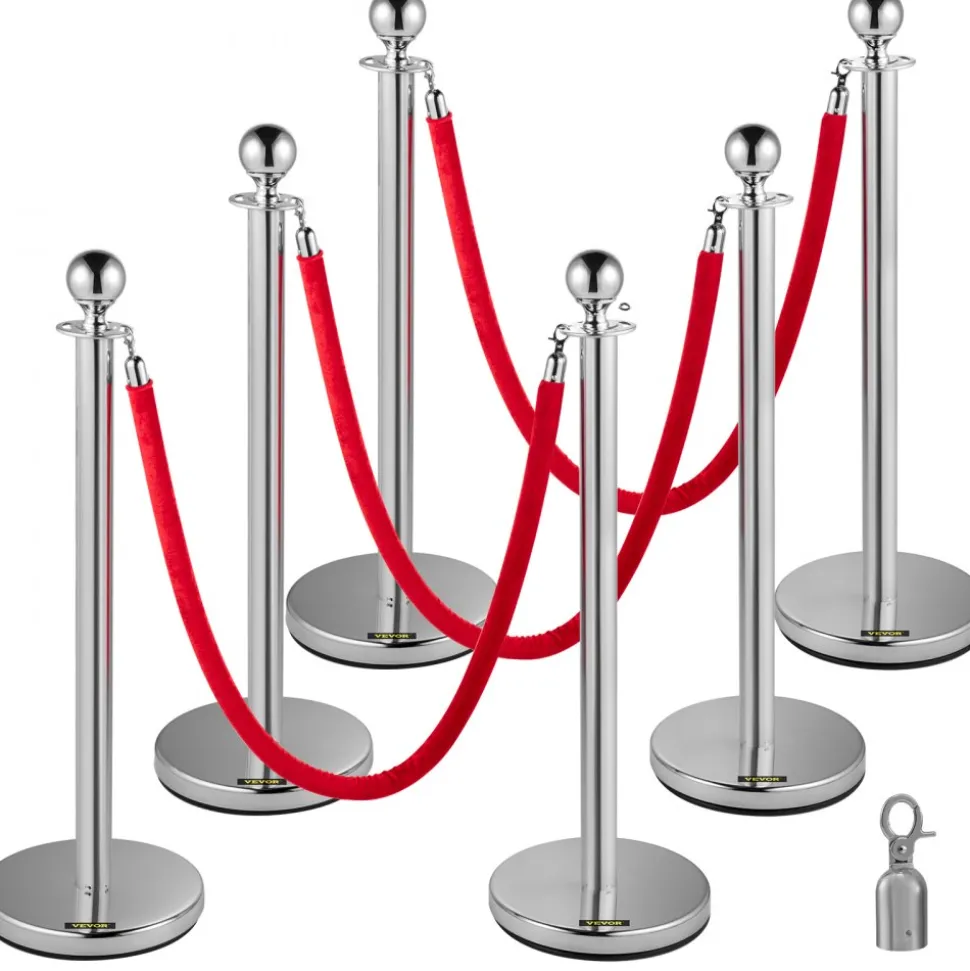 VEVOR 6 PCS Crowd Control Stanchion, Silver Stanchions Posts Stainless Steel Stanchion Queue Post Red Rope Retractable 38In for Both Indoor and Outdoor use.