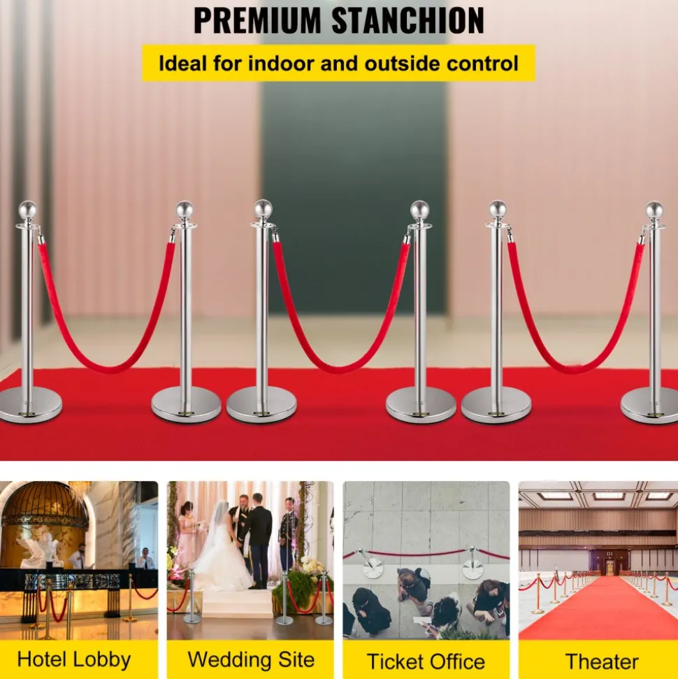 VEVOR 6 PCS Crowd Control Stanchion, Silver Stanchions Posts Stainless Steel Stanchion Queue Post Red Rope Retractable 38In for Both Indoor and Outdoor use.