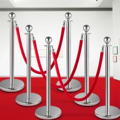 VEVOR 6 PCS Crowd Control Stanchion, Silver Stanchions Posts Stainless Steel Stanchion Queue Post Red Rope Retractable 38In for Both Indoor and Outdoor use.