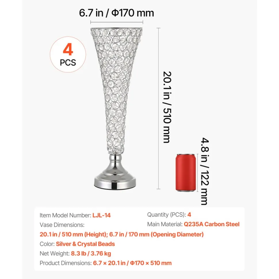 VEVOR 4 PCS Crystal Wedding Flower Vase, 20 in Tall Flower Table Centerpieces, Crystal Cylinder Banquet Vases Easy Installation, Versatile Arrangement Stand for Party Events Room Home Decor, Silver