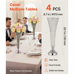 VEVOR 4 PCS Crystal Wedding Flower Vase, 20 in Tall Flower Table Centerpieces, Crystal Cylinder Banquet Vases Easy Installation, Versatile Arrangement Stand for Party Events Room Home Decor, Silver