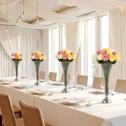 VEVOR 4 PCS Crystal Wedding Flower Vase, 20 in Tall Flower Table Centerpieces, Crystal Cylinder Banquet Vases Easy Installation, Versatile Arrangement Stand for Party Events Room Home Decor, Silver