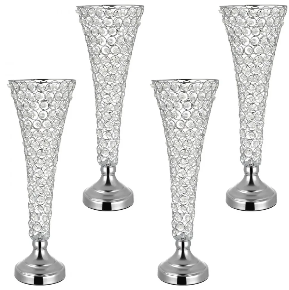VEVOR 4 PCS Crystal Wedding Flower Vase, 20 in Tall Flower Table Centerpieces, Crystal Cylinder Banquet Vases Easy Installation, Versatile Arrangement Stand for Party Events Room Home Decor, Silver