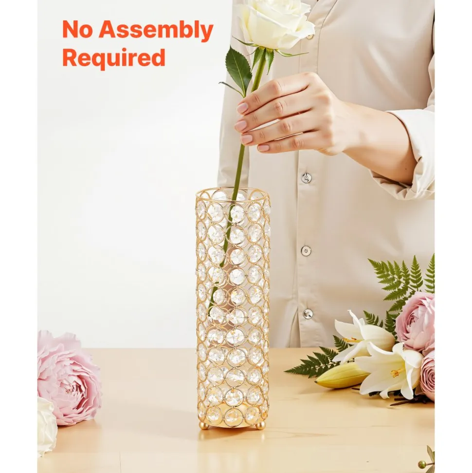 VEVOR 16 PCS Crystal Wedding Flower Vase, 10.24 in Tall Flower Table Centerpieces, Crystal Cylinder Banquet Vases Easy Installation, Versatile Arrangement Stand for Party Events Room Home Decor, Gold