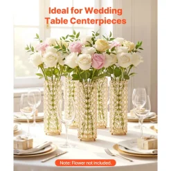 VEVOR 16 PCS Crystal Wedding Flower Vase, 10.24 in Tall Flower Table Centerpieces, Crystal Cylinder Banquet Vases Easy Installation, Versatile Arrangement Stand for Party Events Room Home Decor, Gold
