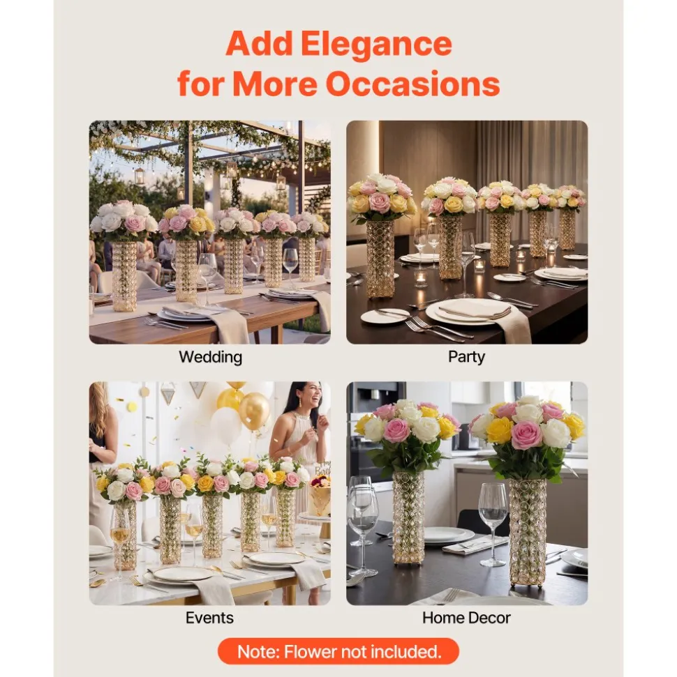 VEVOR 16 PCS Crystal Wedding Flower Vase, 10.24 in Tall Flower Table Centerpieces, Crystal Cylinder Banquet Vases Easy Installation, Versatile Arrangement Stand for Party Events Room Home Decor, Gold