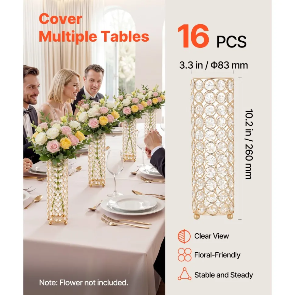 VEVOR 16 PCS Crystal Wedding Flower Vase, 10.24 in Tall Flower Table Centerpieces, Crystal Cylinder Banquet Vases Easy Installation, Versatile Arrangement Stand for Party Events Room Home Decor, Gold
