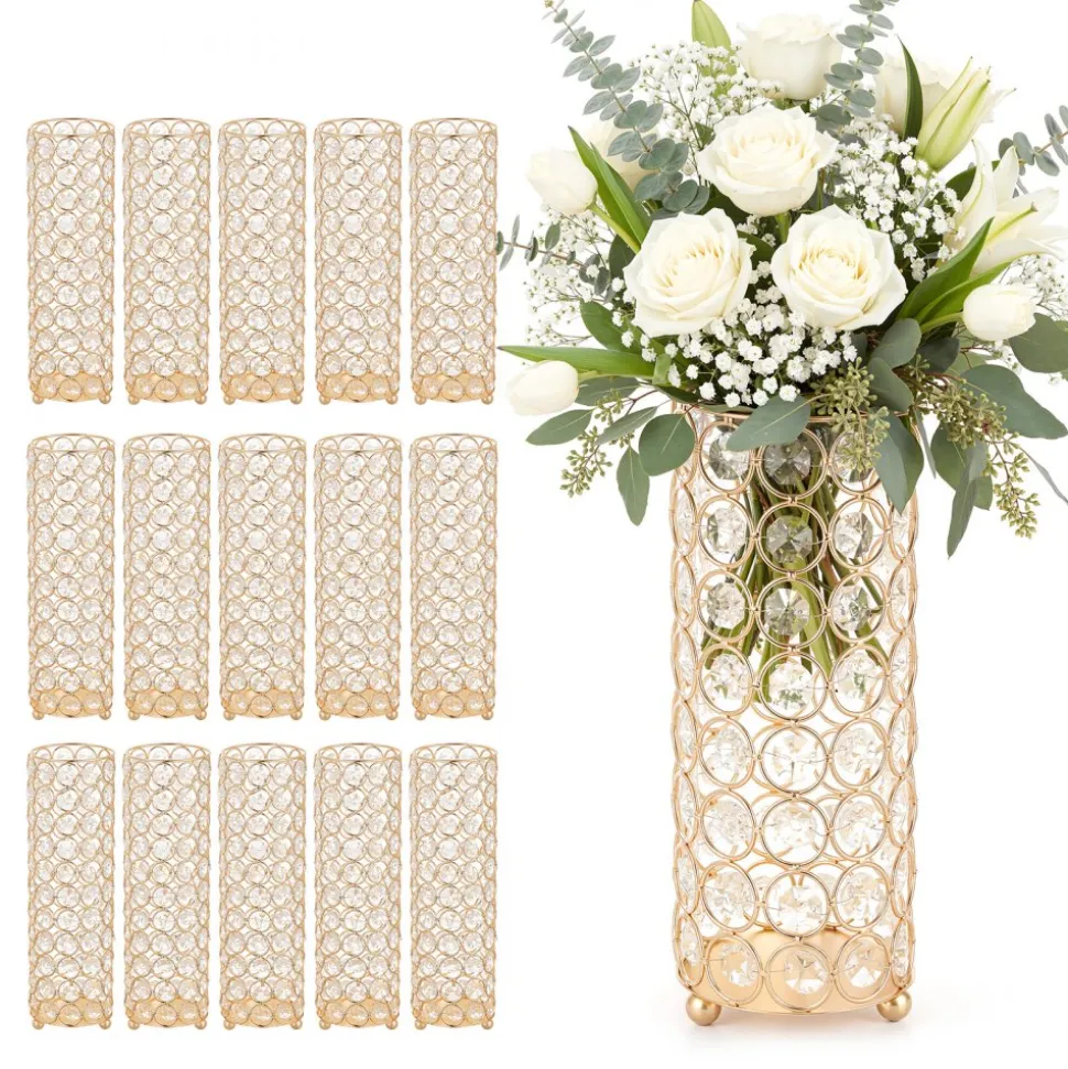VEVOR 16 PCS Crystal Wedding Flower Vase, 10.24 in Tall Flower Table Centerpieces, Crystal Cylinder Banquet Vases Easy Installation, Versatile Arrangement Stand for Party Events Room Home Decor, Gold