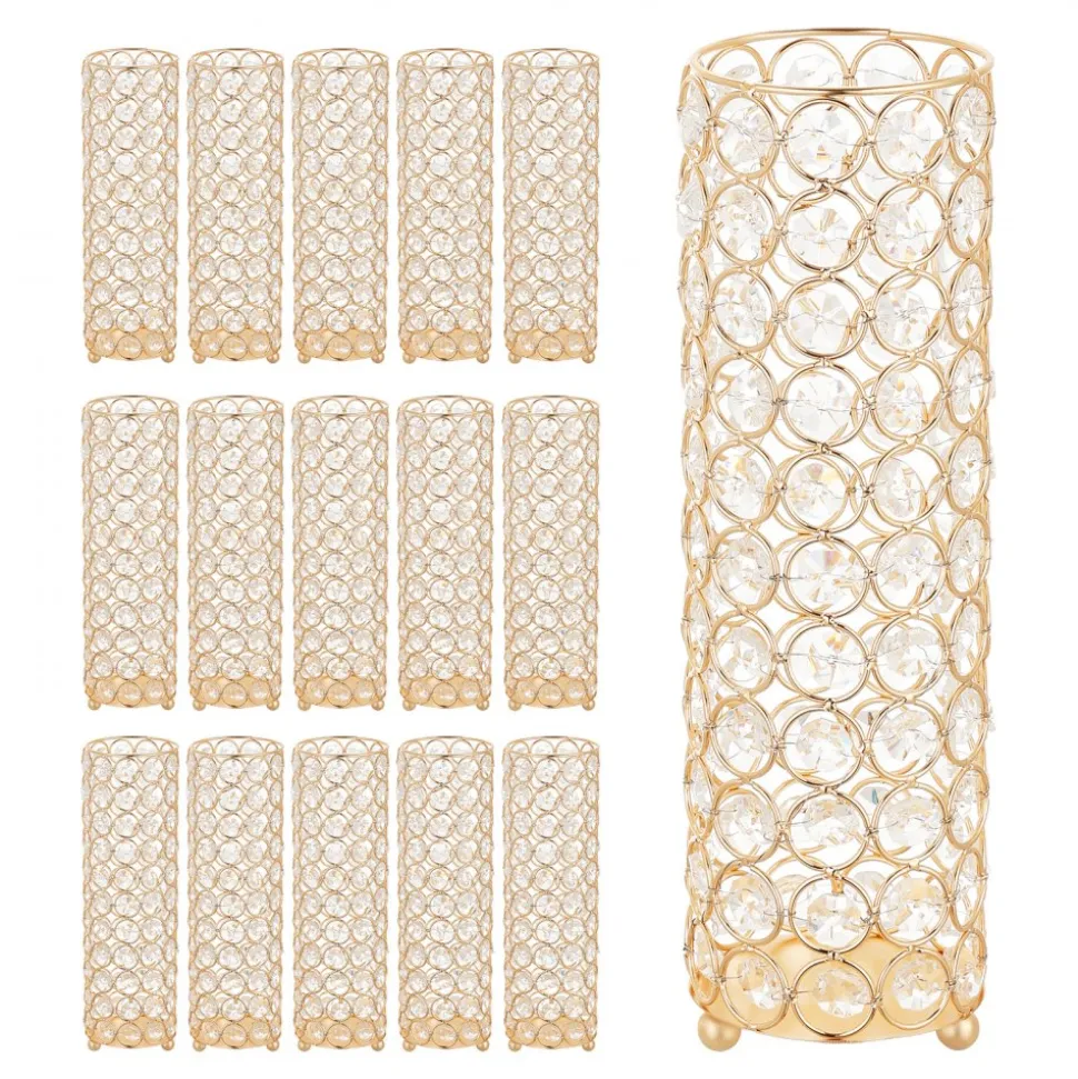 VEVOR 16 PCS Crystal Wedding Flower Vase, 10.24 in Tall Flower Table Centerpieces, Crystal Cylinder Banquet Vases Easy Installation, Versatile Arrangement Stand for Party Events Room Home Decor, Gold