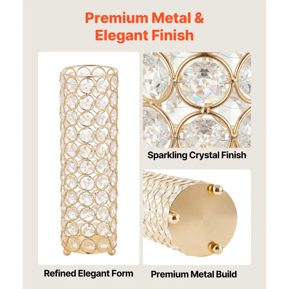 VEVOR 16 PCS Crystal Wedding Flower Vase, 10.24 in Tall Flower Table Centerpieces, Crystal Cylinder Banquet Vases Easy Installation, Versatile Arrangement Stand for Party Events Room Home Decor, Gold