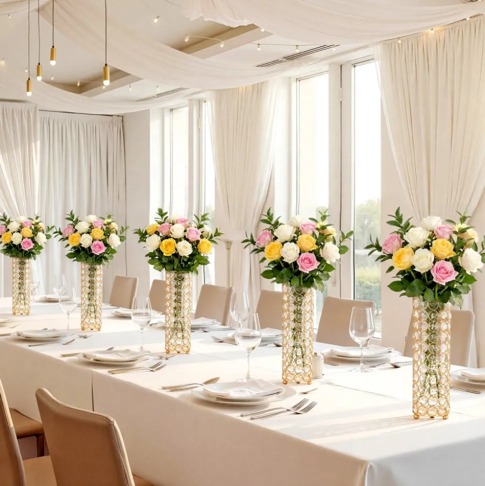 VEVOR 16 PCS Crystal Wedding Flower Vase, 10.24 in Tall Flower Table Centerpieces, Crystal Cylinder Banquet Vases Easy Installation, Versatile Arrangement Stand for Party Events Room Home Decor, Gold