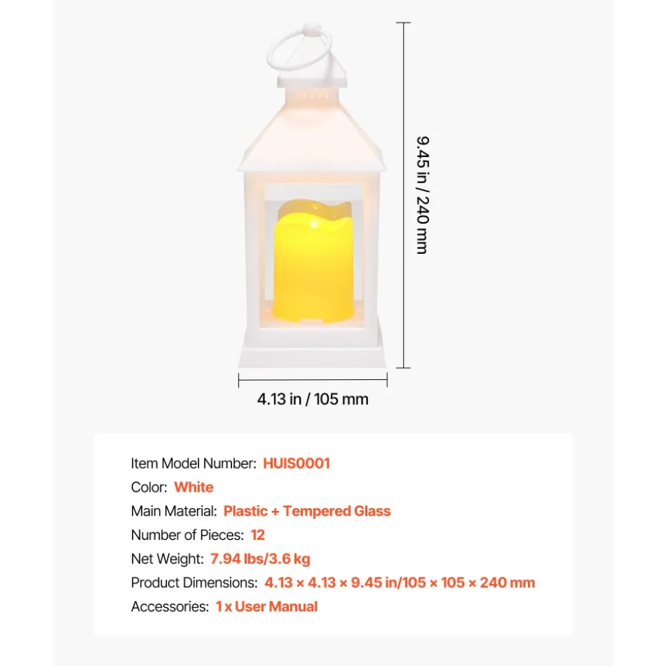 VEVOR 12 Pcs Decorative Candle Lantern, LED Electric Flameless Candle, Plastic LED Holder with Glass, Wall Hanging Indoor Porch Lanterns for Wedding Table Party Farmhouse Indoor Decor, White
