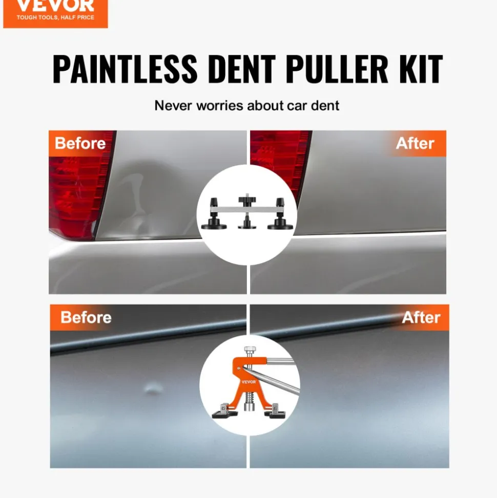 VEVOR 56 PCS Dent Removal Kit, Paintless Dent Repair Kit with Golden Lifter, Bridge Puller, Car Dent Puller with Puller Tabs, Hot Glue Gun for Auto Body Dents, Hail Damage, Door Ding