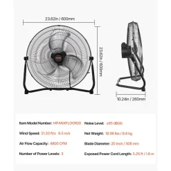 VEVOR 2 PCS Floor Fans, 3 Speeds High Velocity Heavy Duty 20 Inch Industrial Fan, 4800 CFM 360° Adjustable Tilt 21.33 ft/sec Airflow Large Metal Fan, for Gym, Home, Garage, Commercial Shop & Bedroom