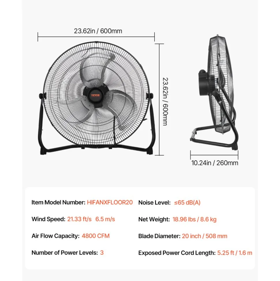VEVOR 2 PCS Floor Fans, 3 Speeds High Velocity Heavy Duty 20 Inch Industrial Fan, 4800 CFM 360° Adjustable Tilt 21.33 ft/sec Airflow Large Metal Fan, for Gym, Home, Garage, Commercial Shop & Bedroom