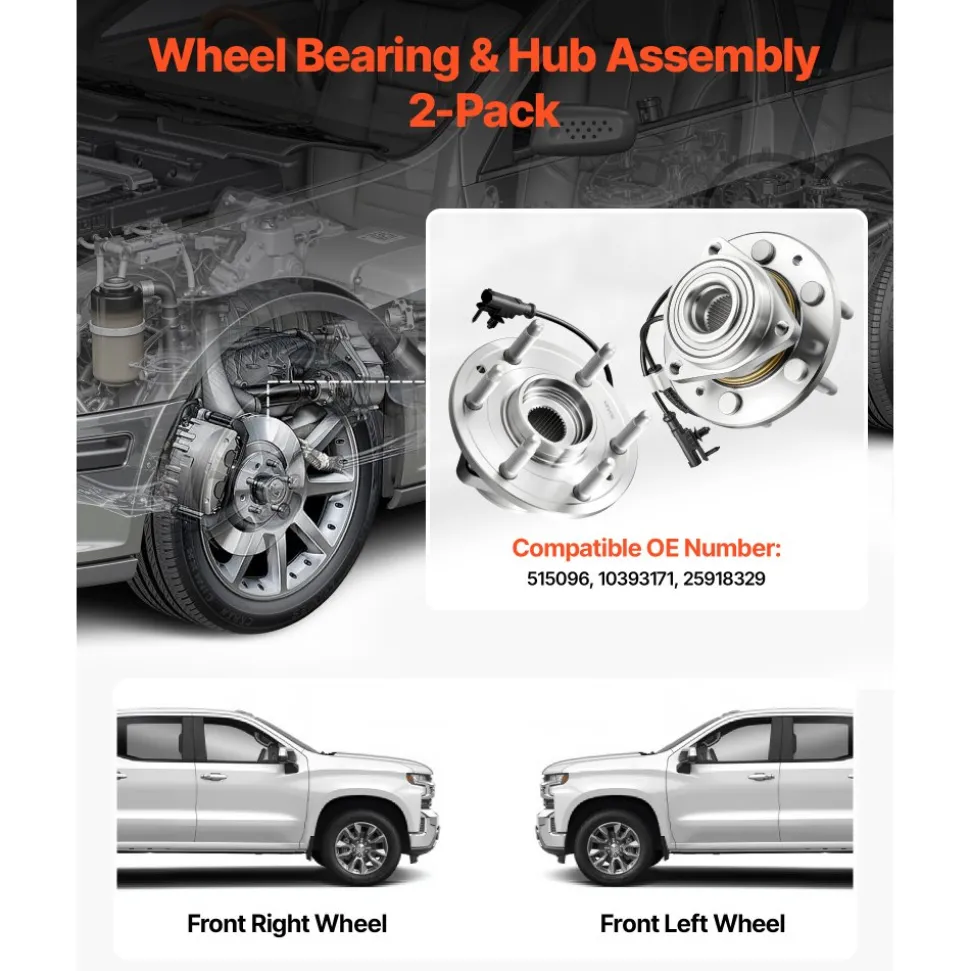 VEVOR 2PCS Front Wheel Bearing & Hub Assembly Fit for 2007-2013 Chevy Avalanche GMC Sierra 1500 Cadillac Escalade EXT 2007-2014 Tahoe OEM 515096, 6 Lugs with ABS Sensor, Wheel Bearing Hub Assembly Set