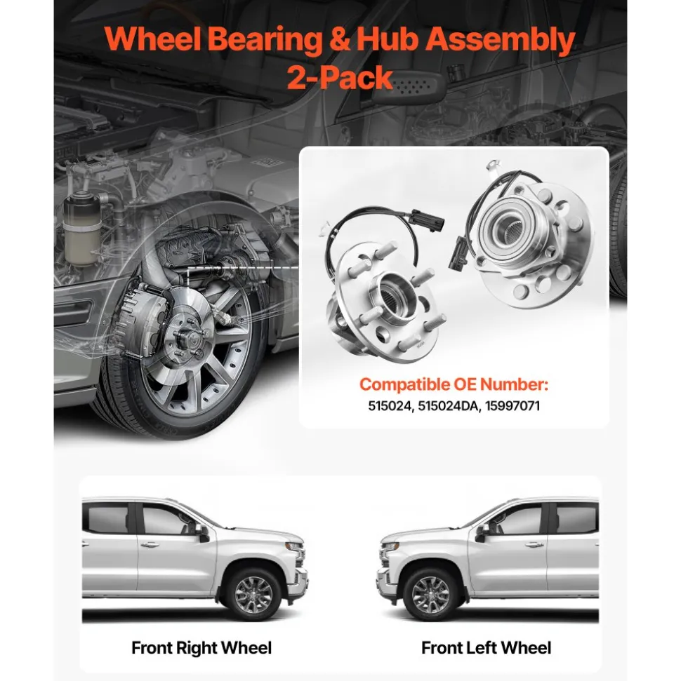 VEVOR 2PCS Front Wheel Bearing & Hub Assembly Fit for 1999-2000 Cadillac Escalade 1995-1999 Chevrolet Tahoe GMC Yukon K1500 Suburban OEM 515024, 6 Lugs with ABS Sensor, Wheel Bearing Hub Assembly Set