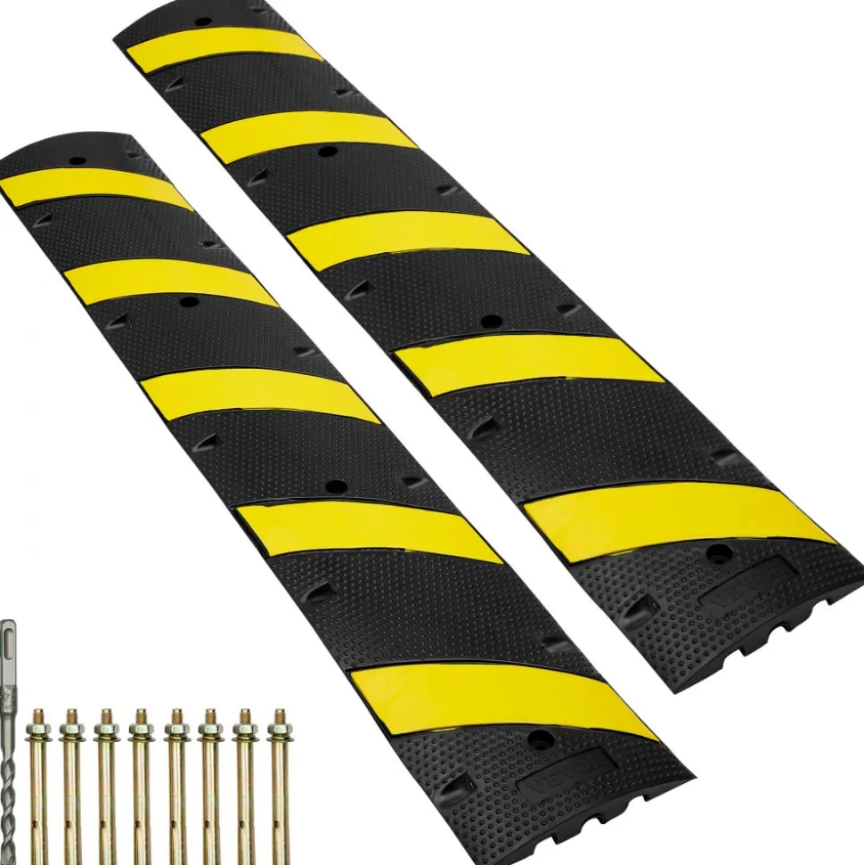 VEVOR 2PCs 6 ft/72'' Rubber Speed Hump, 2 Channel, 22000 lbs Capacity Heavy Duty Traffic Speed Bump, with High Reflective Yellow Strip 8 Expansion Screws and 1 Drill, for Asphalt Concrete Gravel Roads