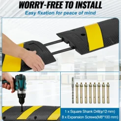 VEVOR 2PCs 6 ft/72'' Rubber Speed Hump, 2 Channel, 22000 lbs Capacity Heavy Duty Traffic Speed Bump, with High Reflective Yellow Strip 8 Expansion Screws and 1 Drill, for Asphalt Concrete Gravel Roads