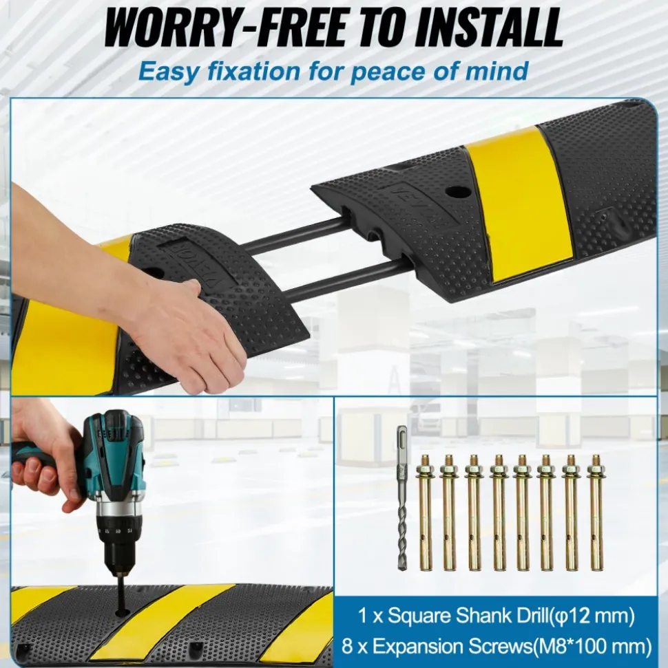 VEVOR 2PCs 6 ft/72'' Rubber Speed Hump, 2 Channel, 22000 lbs Capacity Heavy Duty Traffic Speed Bump, with High Reflective Yellow Strip 8 Expansion Screws and 1 Drill, for Asphalt Concrete Gravel Roads