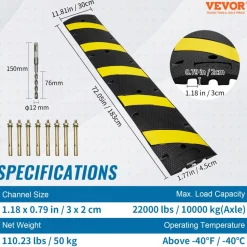 VEVOR 2PCs 6 ft/72'' Rubber Speed Hump, 2 Channel, 22000 lbs Capacity Heavy Duty Traffic Speed Bump, with High Reflective Yellow Strip 8 Expansion Screws and 1 Drill, for Asphalt Concrete Gravel Roads