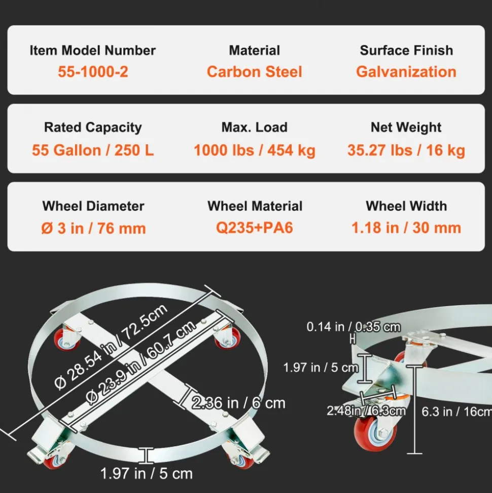 VEVOR 2PCS 55 Gallon Heavy Duty Drum Dolly, 1000 lbs Load Capacity, Barrel Dolly Cart Drum Caddy, Non Tipping Hand Truck Capacity Dollies with Steel Frame 4 Swivel Casters Wheel, for Drum Handling