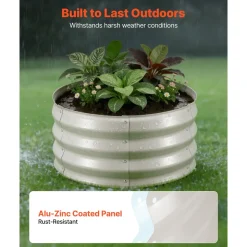 VEVOR 3 Pcs Galvanized Raised Garden Beds, 2 x 2 x 1 ft, Round Metal Planter Boxes Kit Outdoor, Bottomless Elevated Garden Boxes with Gloves, Alu-Zinc, for Planting Flowers Vegetables Herbs, Beige