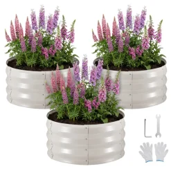 VEVOR 3 Pcs Galvanized Raised Garden Beds, 2 x 2 x 1 ft, Round Metal Planter Boxes Kit Outdoor, Bottomless Elevated Garden Boxes with Gloves, Alu-Zinc, for Planting Flowers Vegetables Herbs, Beige