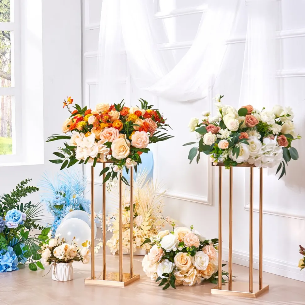 VEVOR 4PCS Gold Metal Column Wedding Flower Stand, 23.6inch High With Metal Laminate, Vase Geometric Centerpiece Stands, Cylindrical Floral Display Rack for Events Reception, Party Road Leads