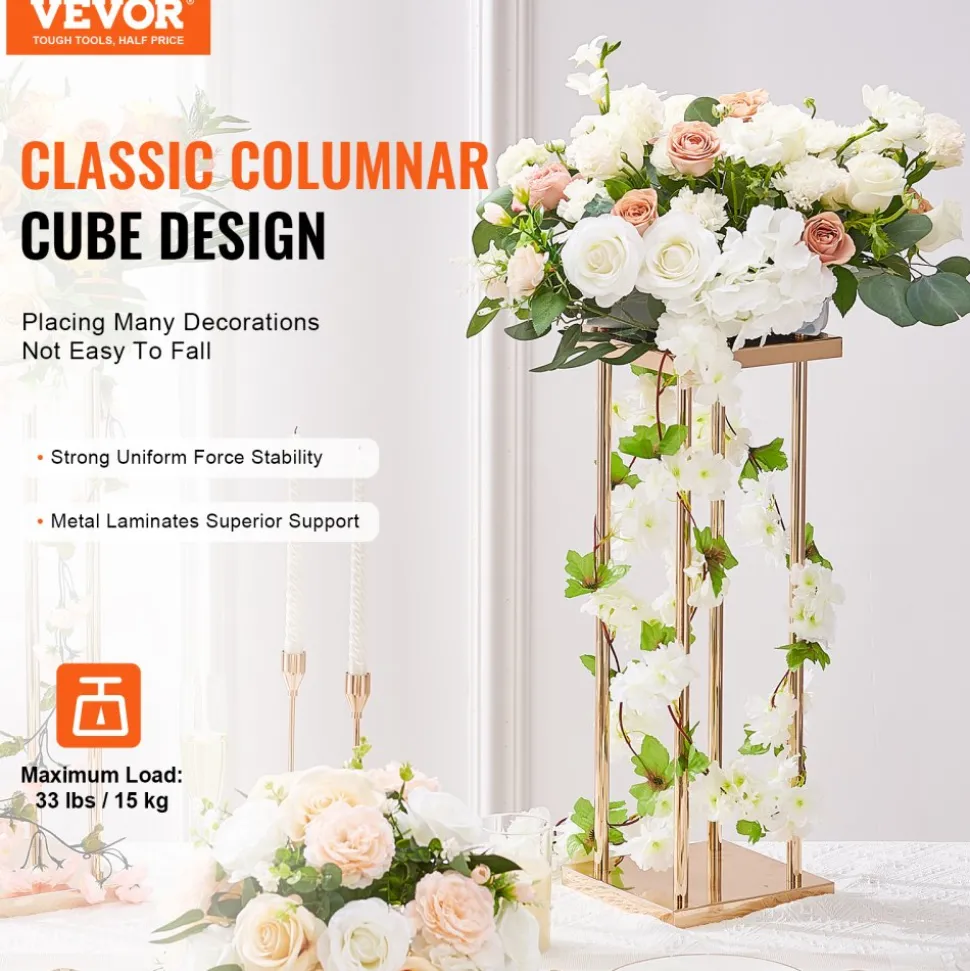 VEVOR 4PCS Gold Metal Column Wedding Flower Stand, 23.6inch High With Metal Laminate, Vase Geometric Centerpiece Stands, Cylindrical Floral Display Rack for Events Reception, Party Road Leads