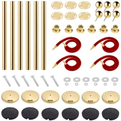 VEVOR 6 PCS Gold Stanchions Posts Stainless Steel Stanchion Queue Post Red Rope Retractable 38In for Both Indoor and Outdoor use.