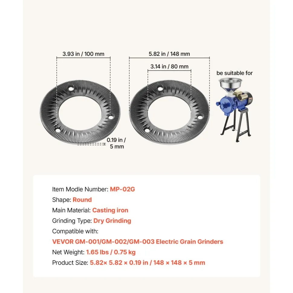 VEVOR 2PCS Grinding Sheets for Electric Grain Mill Grinder, Cast Iron Dry Grinding Discs, Replacement Grinding Plates Compatible with VEVOR GM-001, GM-002, GM-003 Corn Spice Mill Grinder