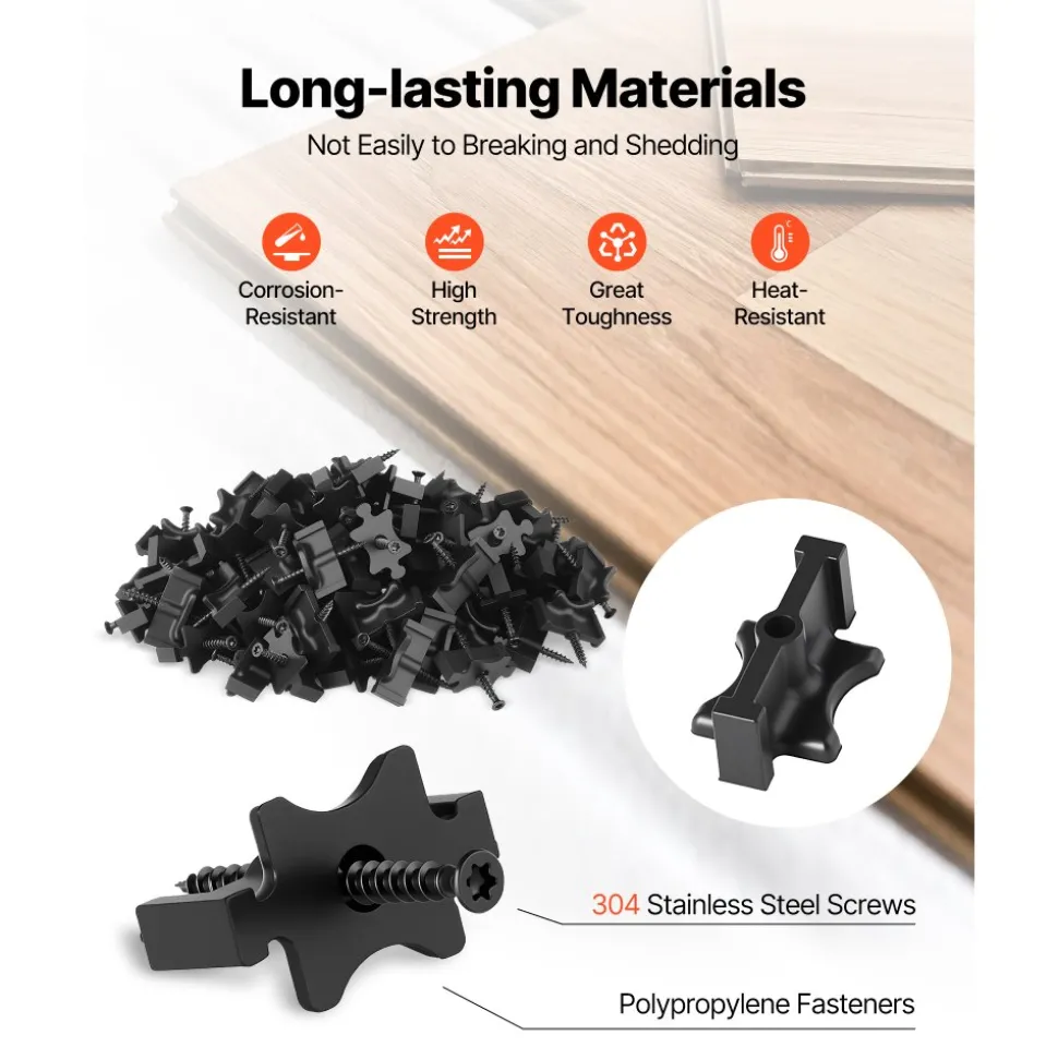 VEVOR 900PCS Hidden Deck Fasteners for Composite Decking Board, Universal Composite T Clips & Plastic Hidden Fasteners with Metal Screws,Polypropylene PP Clips Works with 0.26 inch Gaps, Black