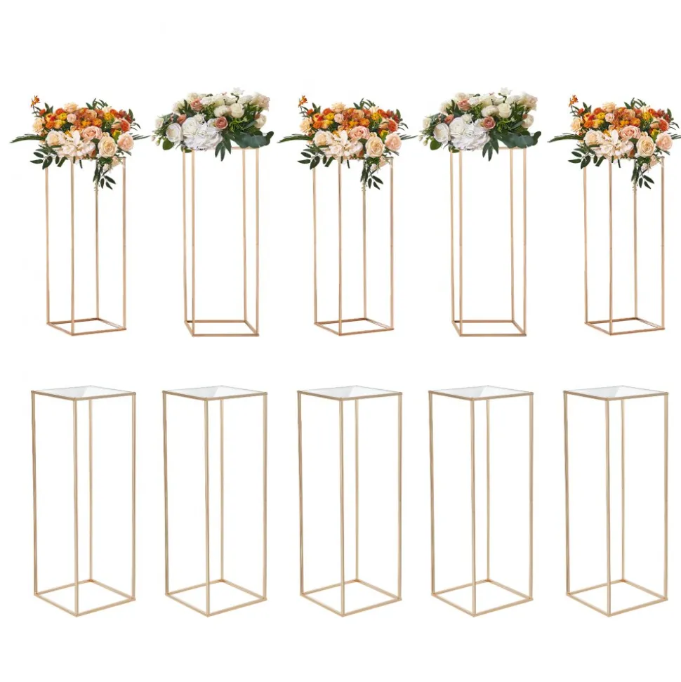 VEVOR 10PCS 31.5inch High Wedding Flower Stand, With Acrylic Laminate,Metal Vase Column Geometric Centerpiece Stands, Gold Rectangular Floral Display Rack for Events Reception, Party Decoration