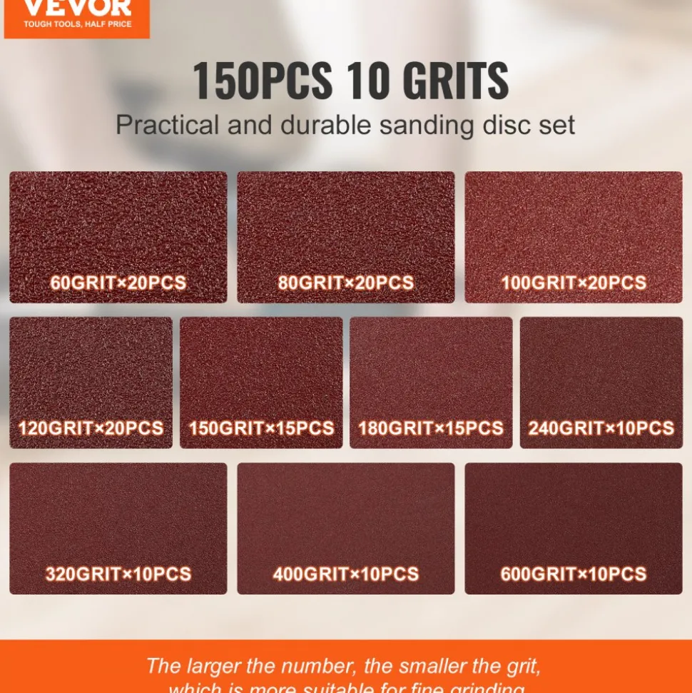 VEVOR 150 PCS 5 Inch Sanding Discs Set, 8-Hole Round Hook and Loop Sandpaper for Orbital Sander, 10 Grits include 60, 80, 100, 120, 150,180, 240, 320, 400, 600 Grit, for Metal, Wood, Car Sanding