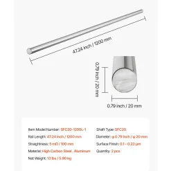 VEVOR 2PCS Linear Motion Rod, 20 mm x 1200 mm (0.79 x 47.24 in), SFC20 Carbon Steel Linear Rod Shaft, Anti Rust and High Precision, High Hardness Shaft, for Cutting Grinding Milling Drilling Machine