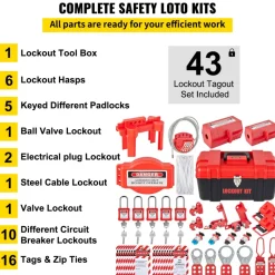VEVOR 43 PCS Lockout Tagout Kits, Electrical Safety Loto Kit Includes Padlocks, 5 Kinds of Lockouts, Hasps, Tags & Ties, Box, Lockout Safety Tools for Electrical Risk Removal in Industrial, Machinery