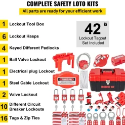 VEVOR 42 PCS Lockout Tagout Kits, Electrical Safety Loto Kit Includes Padlocks, 5 Kinds of Lockouts, Hasps, Tags & Ties, Box, Lockout Safety Tools for Electrical Risk Removal in Industrial, Machinery
