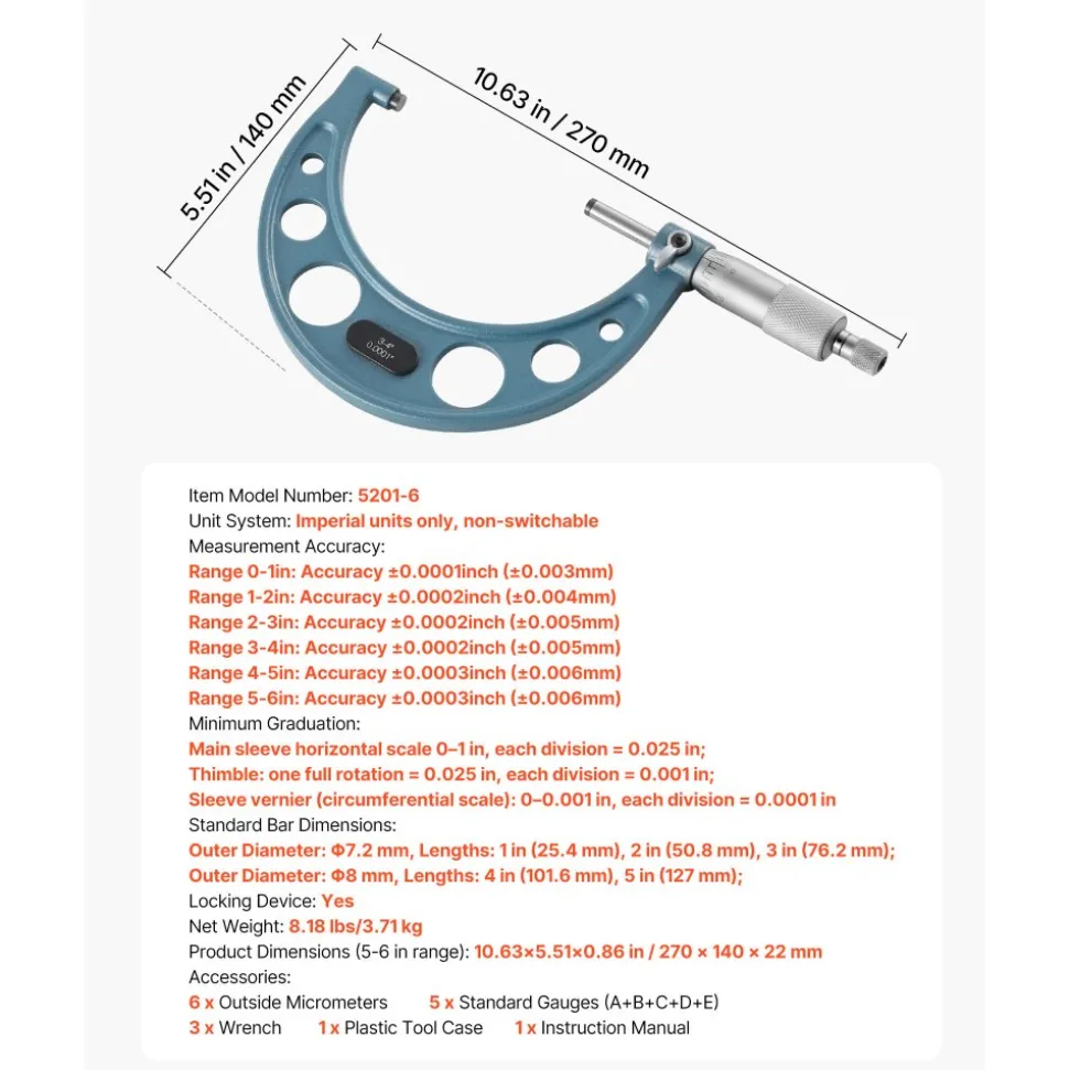 VEVOR 6 PCS Micrometer Set, 0-1"/1-2"/2-3"/3-4"/4-5"/5-6" Machinist Outside Micrometer, Precision 0.0001 Accuracy, Professional Machinist Tools with Protective Case, for Metalworking & Engineering