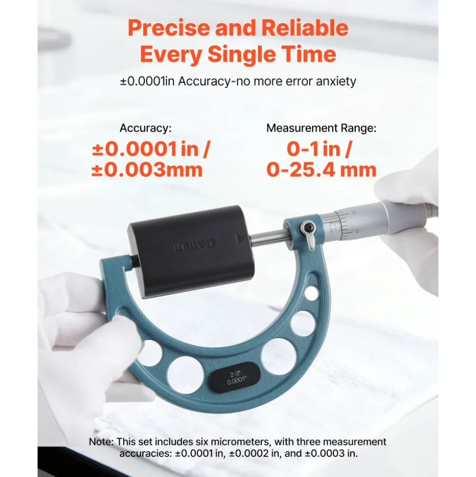 VEVOR 6 PCS Micrometer Set, 0-1"/1-2"/2-3"/3-4"/4-5"/5-6" Machinist Outside Micrometer, Precision 0.0001 Accuracy, Professional Machinist Tools with Protective Case, for Metalworking & Engineering