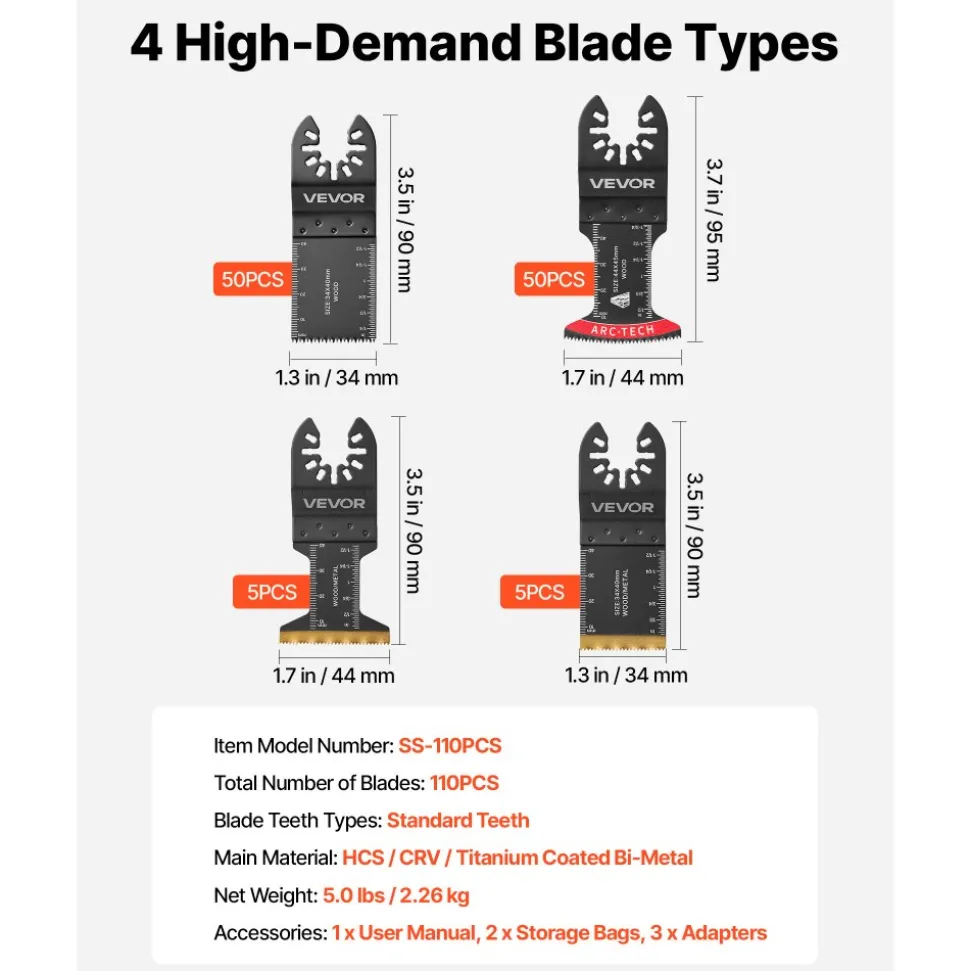 VEVOR 60PCS Oscillating Saw Blades, Universal Quick Release Multi Tool Blades Kits, 5 Types Oscillating Multitool Blades for Wood Plastic Metal, Compatible with Dewalt Ryobi Milwaukee Bosch Craftsman