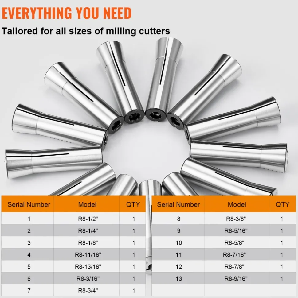 VEVOR 13 pcs Precision R8 Collet Set, 1/8'' - 7/8'', 45# Mill Collet Chuck 0.0012"/30μm TIR with 13 Labeled Storage Boxes, for Milling Machine Drill Presses Boring Machine Machining Center
