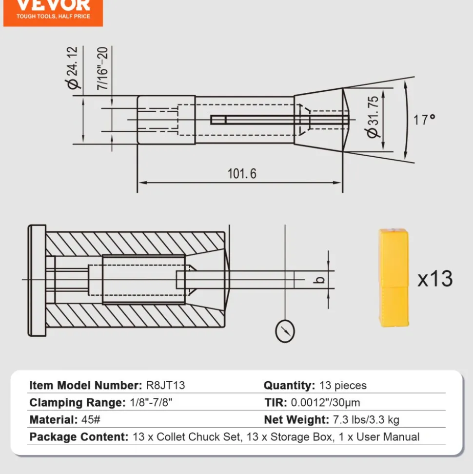 VEVOR 13 pcs Precision R8 Collet Set, 1/8'' - 7/8'', 45# Mill Collet Chuck 0.0012"/30μm TIR with 13 Labeled Storage Boxes, for Milling Machine Drill Presses Boring Machine Machining Center