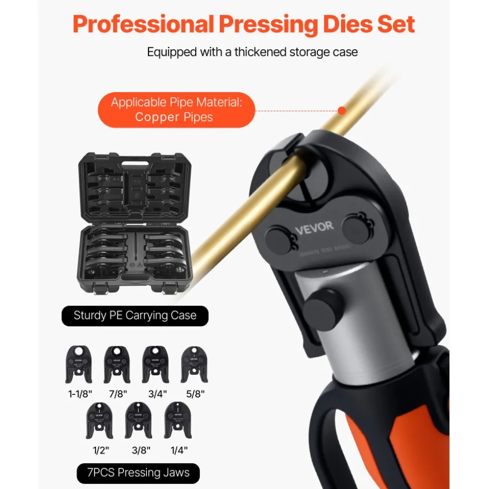 VEVOR 7PCS Pressing Jaws 1/4" to 1-1/8" - Compatible with RLS Copper Pipes, Work with 32KN Standard Press Tools for High Pressure HVAC/R Applications - with Case