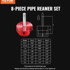 VEVOR 8Pcs PVC Pipe Reamer Kit, 8-Piece, Plastic Pipe Fitting Socket Saver Kit, Includes 1/2'', 3/4", 1", 1-1/4'', 1-1/2", 2", 3", 4'', for PVC, CPVC, ABS Fittings, for Exhaust, Drain, Water Pipes Cleaning